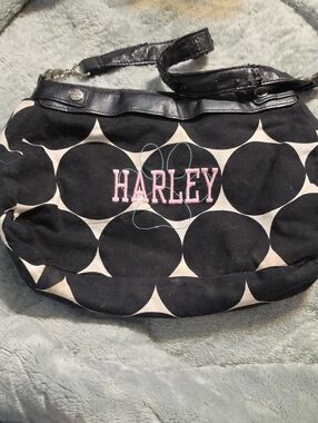 THIRTY ONE Black Polka Dots On White Embroidered "Harley", 9.5" X 14" Cloth